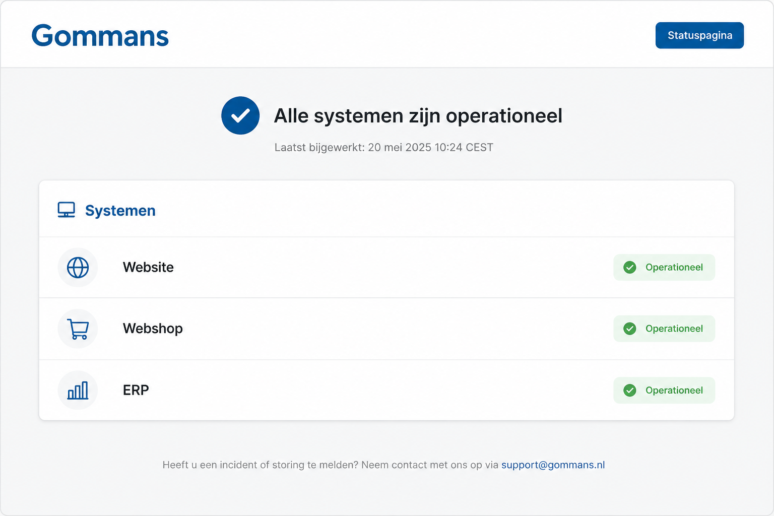 Voorbeeld van de statuspagina met systemen en statusbadges