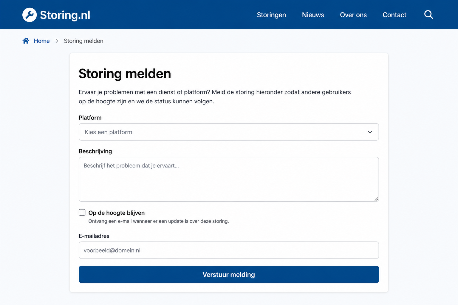 Voorbeeld van het formulier Storing melden